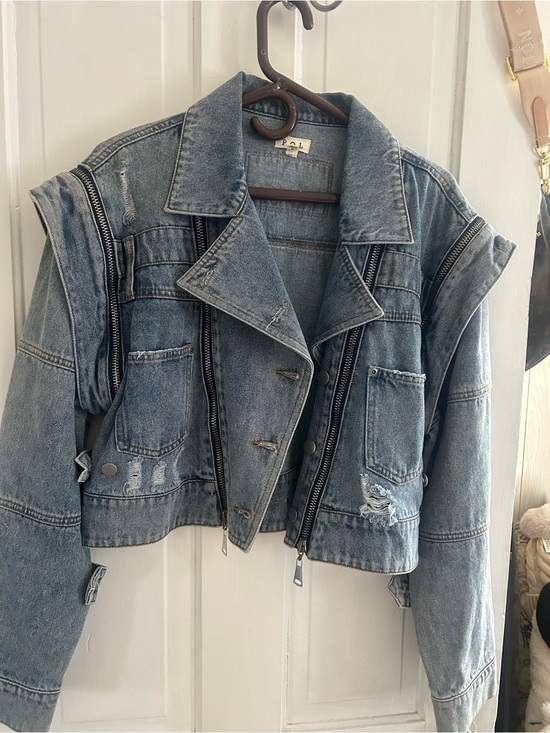 POL Jackets & Blazers - POL Light Blue Cropped Distressed Denim Jacket with Zips